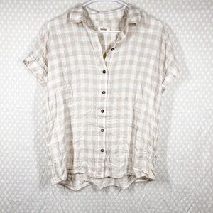 Marine Layer Cream Tan Linen‎ Blend Gingham Button Up Top